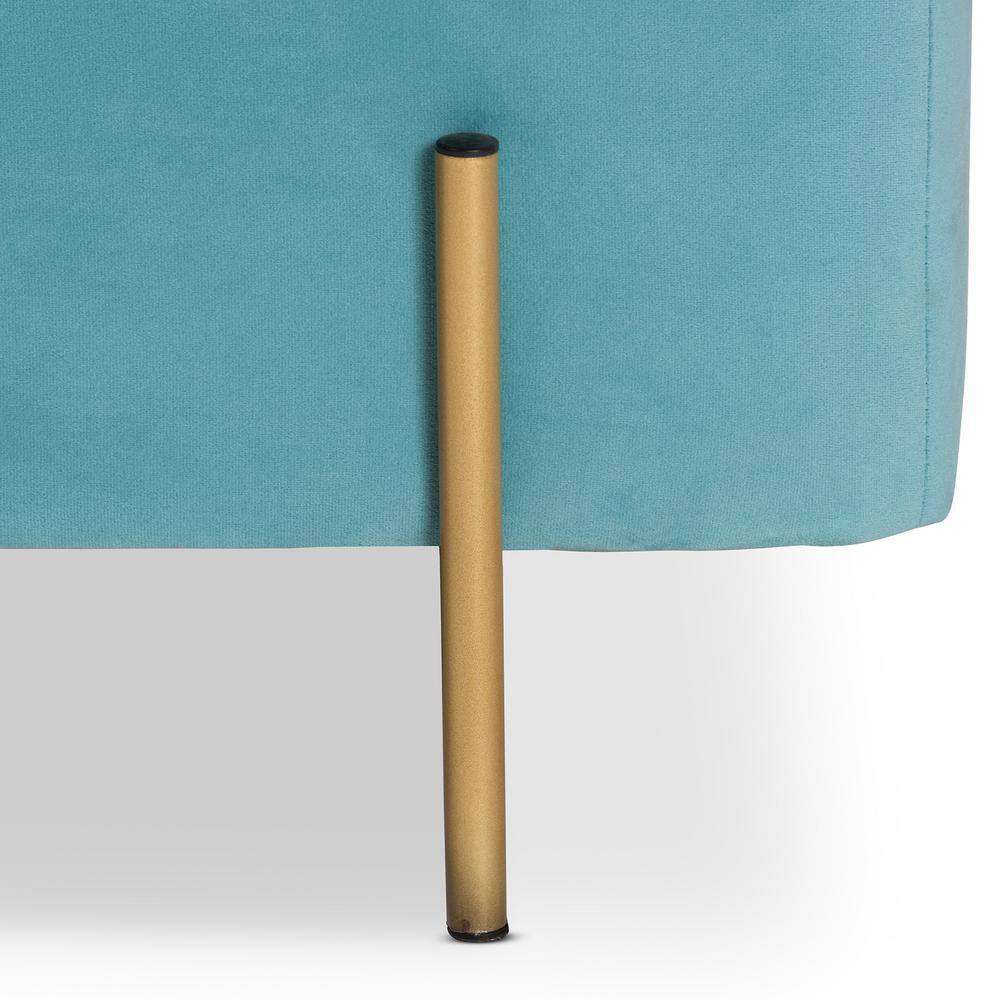 Sky Blue Velvet and Gold Metal Storage Bench
