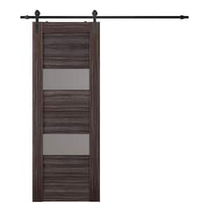 Berta 18 in. x 84 in. 2 Lite Frosted Glass Gray Oak Wood Composite Sliding Barn Door with Hardware Kit