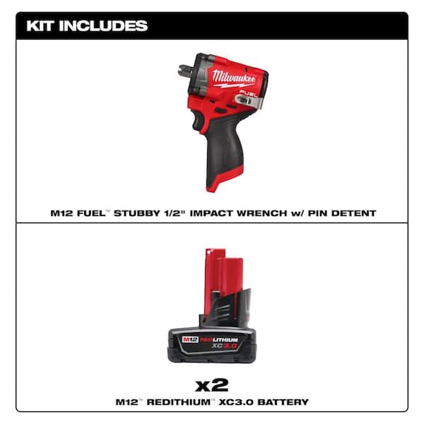 M12 FUEL 12V Lithium-Ion Brushless Cordless Stubby 1/2 in. Impact Wrench with Pin Detent with (2) 3.0 Ah Batteries