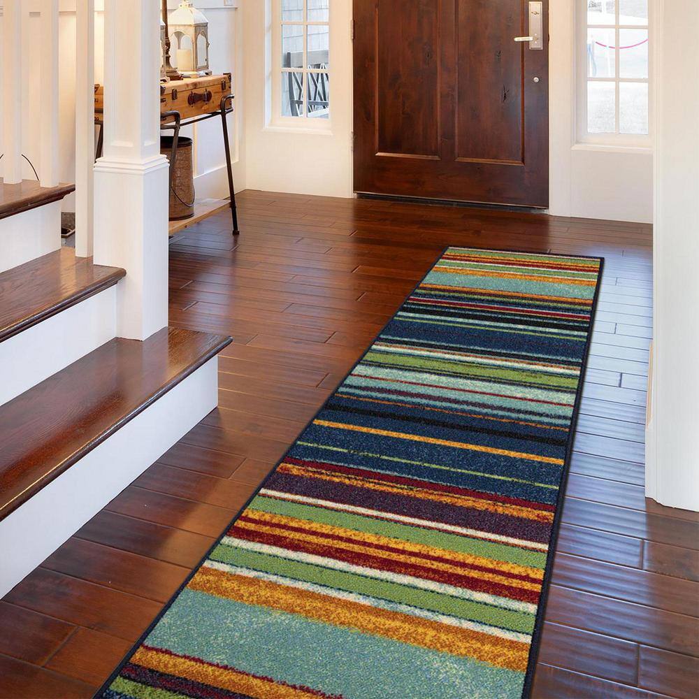 Multicolor Striped Non-Slip Synthetic Runner Rug, 2'7" x 9'10"