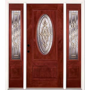 67.5 in.x81.625in.Silverdale Zinc 3/4 Oval Lt Stained Cherry Mahogany Rt-Hd Fiberglass Prehung Front Door w/Sidelites