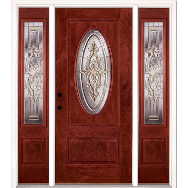 Feather River Doors 67.5 in.x81.625in.Silverdale Zinc 3/4 Oval Lt Stained Cherry Mahogany Rt-Hd Fiberglass Prehung Front Door w/Sidelites