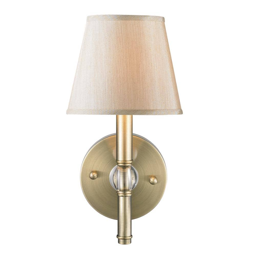 Golden Lighting Waverly 1 Light Aged Brass With Silken Parchment Shade Wall Sconce 5001wmpabpmt