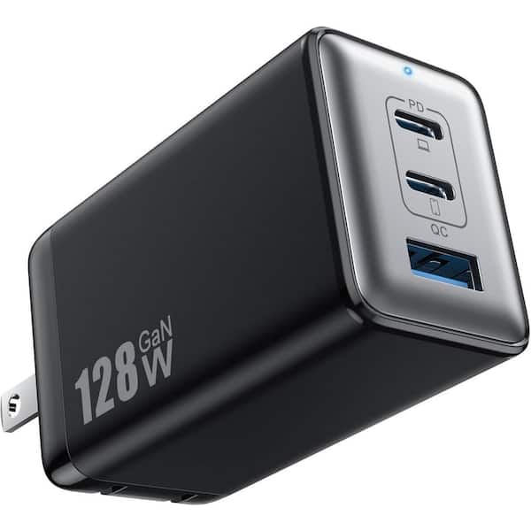 128W USB C Foldable Wall Charger Block with 3-Ports Fast Charging in Black