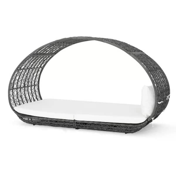 JimsMaison Metal Frame and Wicker Outdoor Day Bed with White Cushions