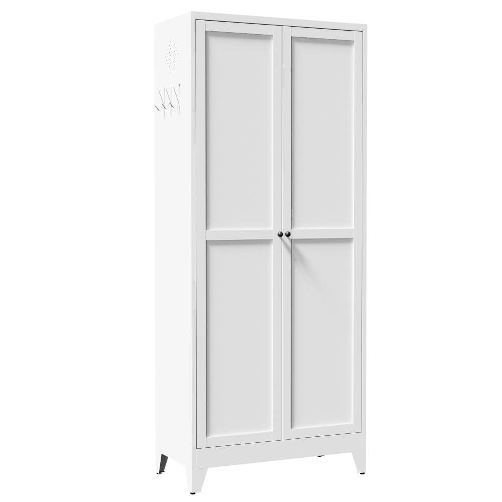 "75"" White Metal Pantry Cabinet, 5 Adjustable Shelves 110lb Capacity, Freestanding Kitchen Storage Rack with Hooks" price history on PriceWatchPro