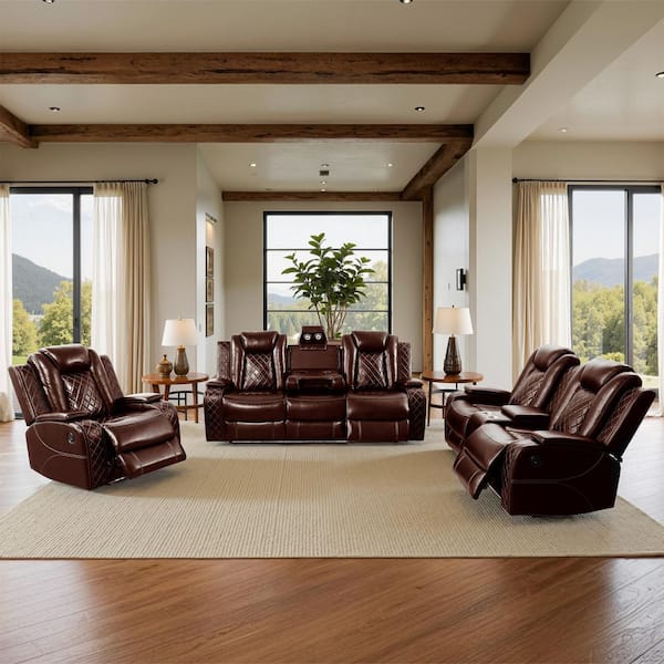 84 in. Pillow Top Arm 3-Piece Leather Rectangle Power Reclining Sofa Set in Brown, Modern Design with Cup Holders, USB