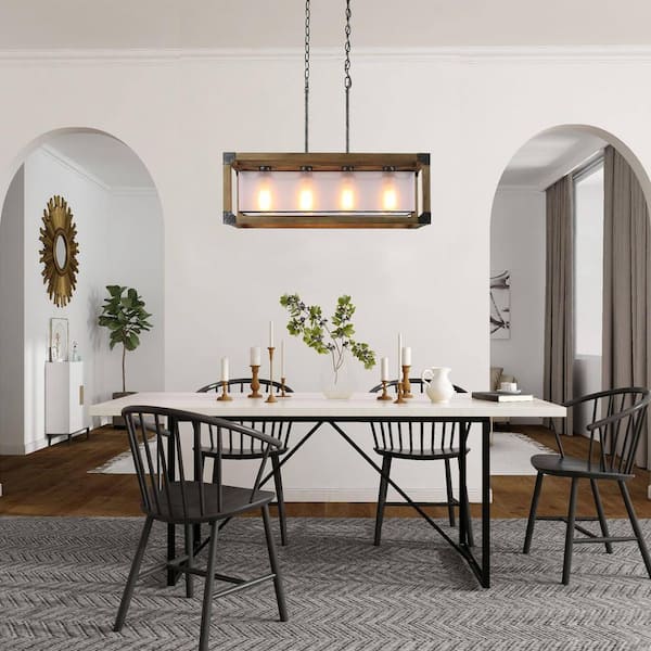 Eliora Farmhouse Rust Black Island Chandelier 4-Light Wooden Cage Chandelier Dining Room Pendant with White PC Shade