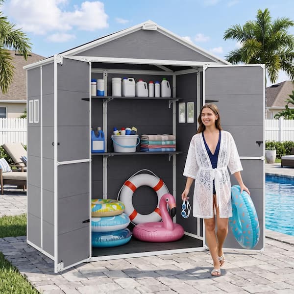 6x4 FT Resin Storage Tool Shed, Outdoor Metal Shed w/ Reinforced Floor, Lockable Door, Window for Backyard