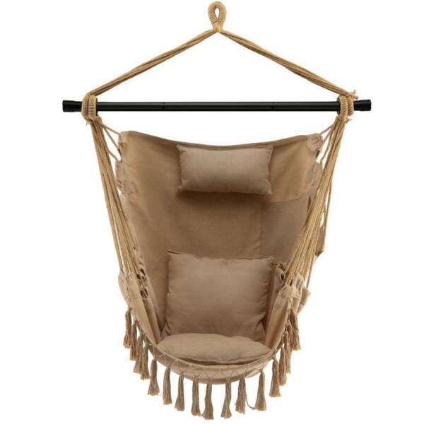 Unbranded 39 in.W 1-Person Black Metal Porch Swing Hanging Rope Swing Chair with Soft Pillow and Beige Cushions
