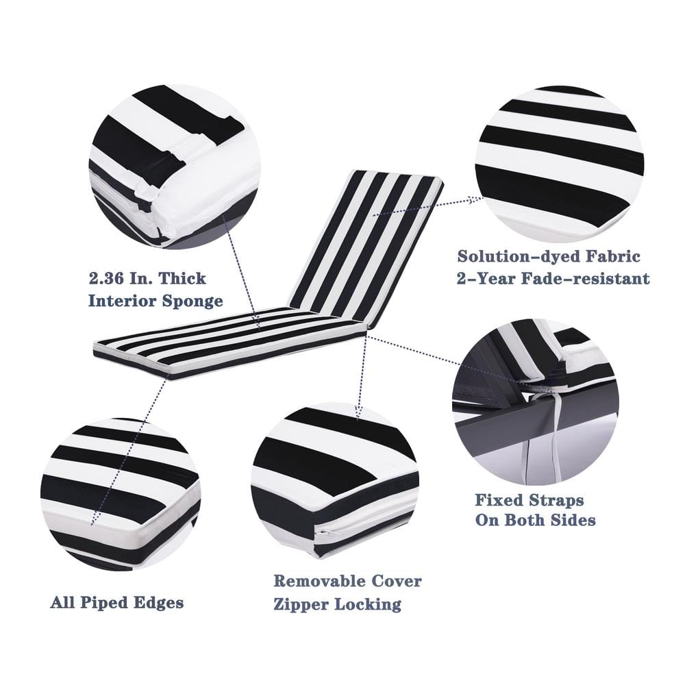 Black and White Striped Outdoor Chaise Lounge Cushion