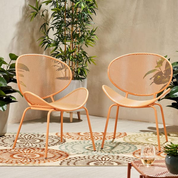2-Piece Orange Metal Modern Outdoor Dining Chair with Tapered Legs