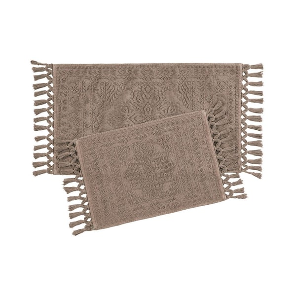Nellore Beige Fringe Solid Color Cotton Rectangle 2-Piece Bath Rug Set