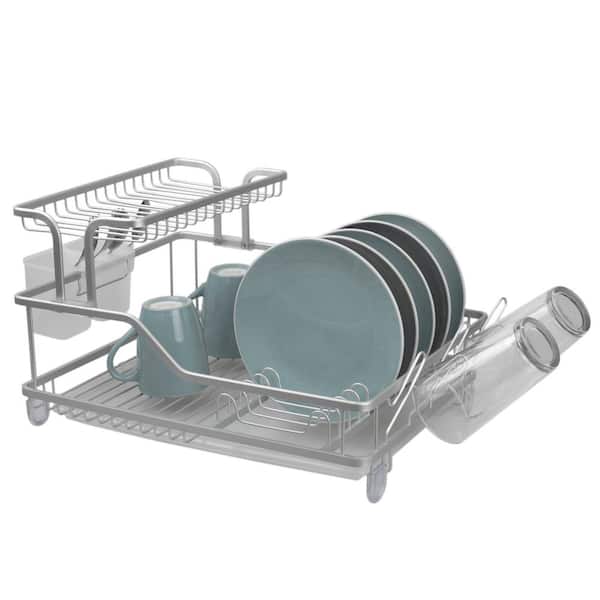 Home Basics Elevated Grey 2 Tier Aluminum Dish Rack with Soft Touch Anti-Skid