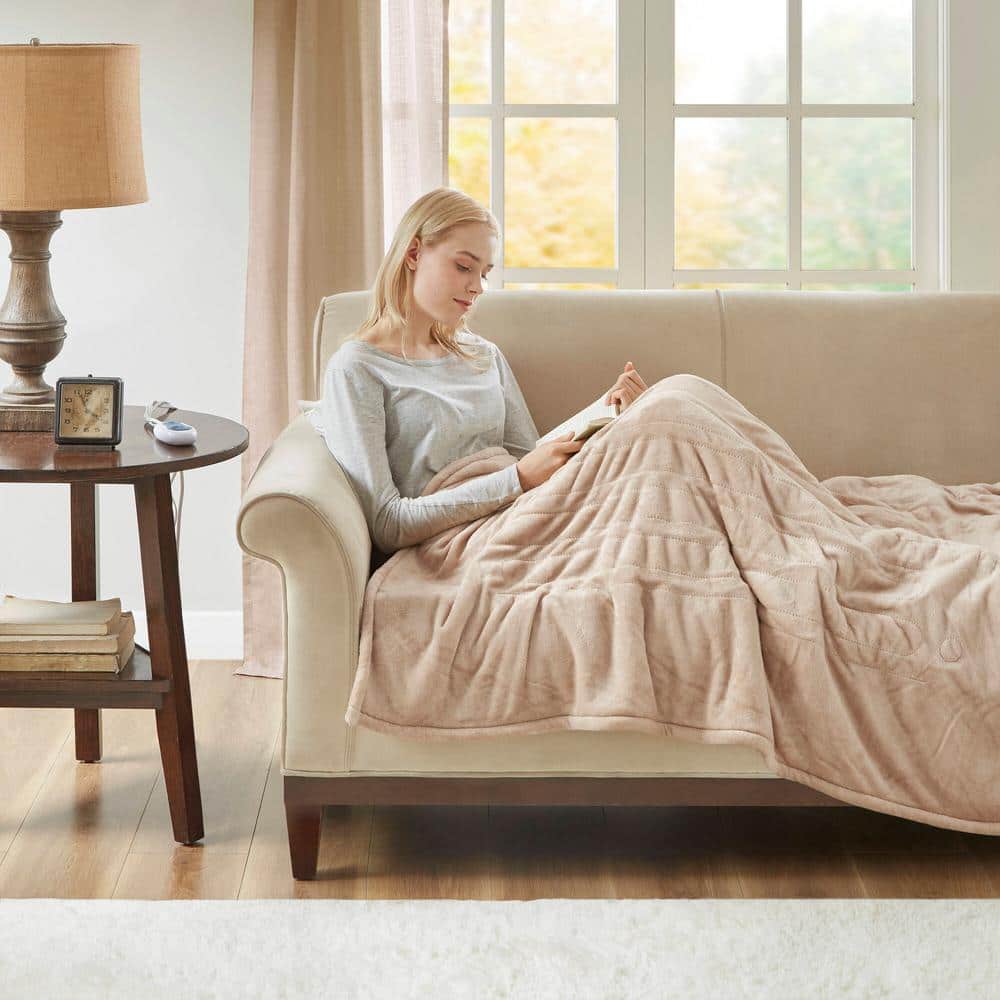 Tan Sherpa Reversible Electric Heated Throw Blanket