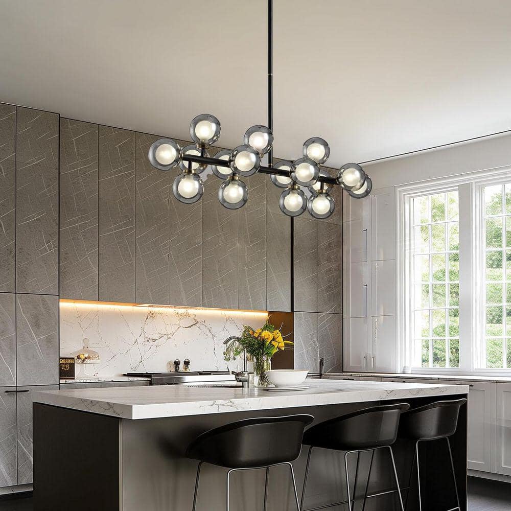 Modern Black Linear Glass Beaded 16-Light Chandelier