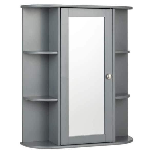Bunpeony 23.5 in. W x 6.5 in. D x 28 in. H Single Door Shelves Bathroom Storage Wall Cabinet in Grey with Mirror