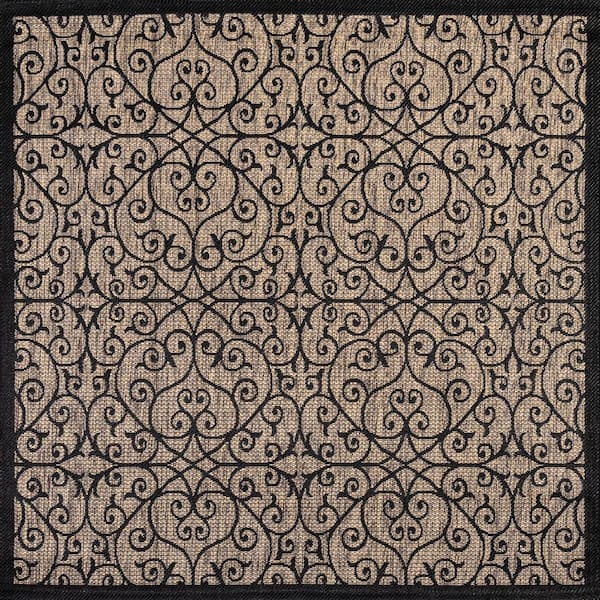 Black/Khaki 5 ft. Square Madrid Vintage Filigree Textured Weave Indoor/Outdoor Area Rug