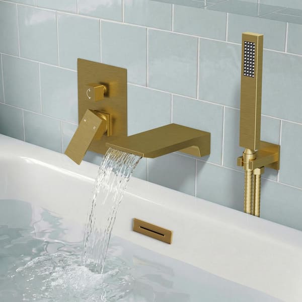 2-Handle Wall Mount Waterfall Roman Tub Faucet 5 GPM with Hand Shower Bathtub Faucet in Brushed Gold(Valve Included)
