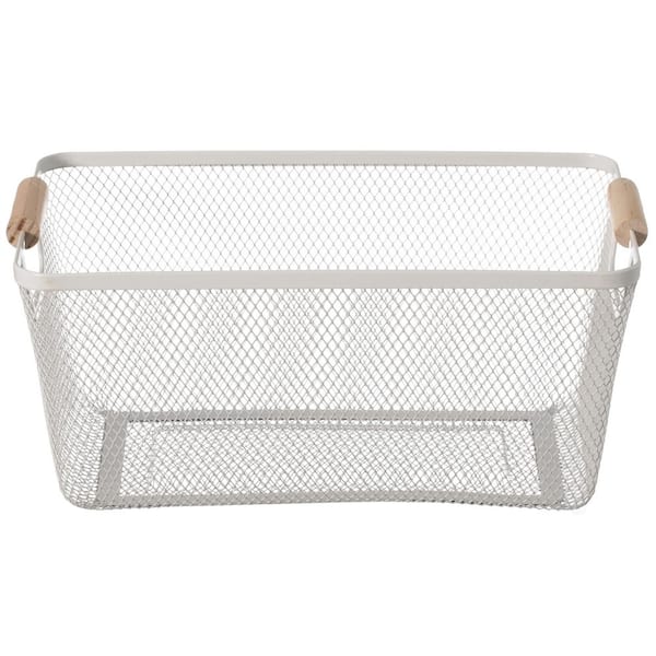 Basicwise (Set of 3) Large White Metal Mesh Basket with Wooden Handle for Kitchen and Bathroom, 6.5 in. H x 14.5 in. W x 8.5 in. D