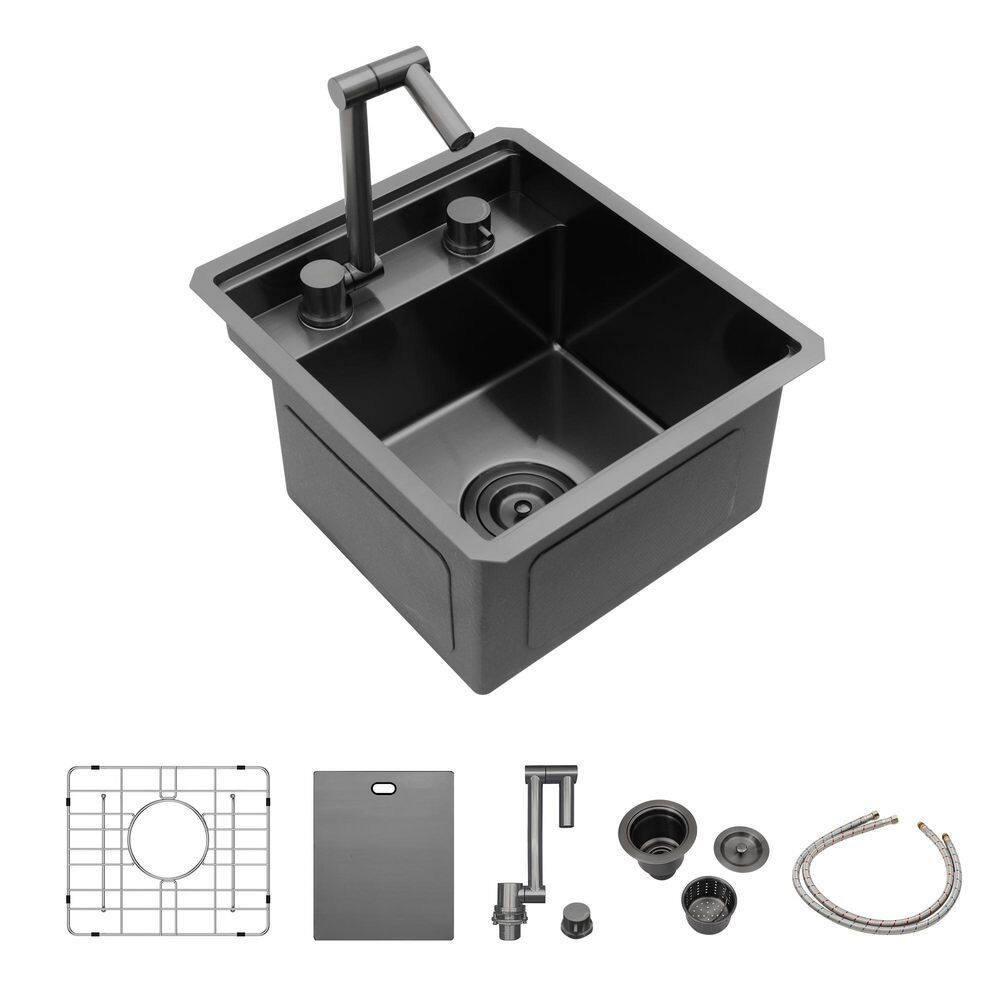 15 in. Undermount Single Bowl 16 Gauge Gunmetal Black Stainless Steel Kitchen Sink with Faucet and Bottom Grids price history on PriceWatchPro