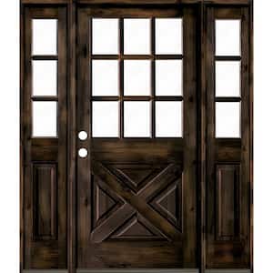 60 in. x 80 in. Alder 2 Panel Right-Hand/Inswing Clear Glass Black Stain Wood Prehung Front Door w/Double Sidelite