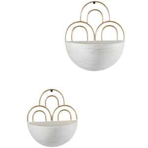 10in. Small White Metal Geometric Half Moon Wall Planter with Scallop Metal Accent (2- Pack)