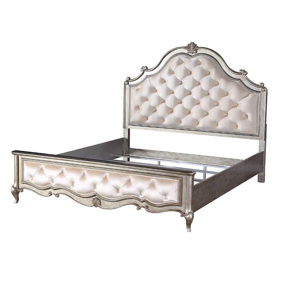 Ivory Velvet Queen Bed with Tufted Upholstered Headboard