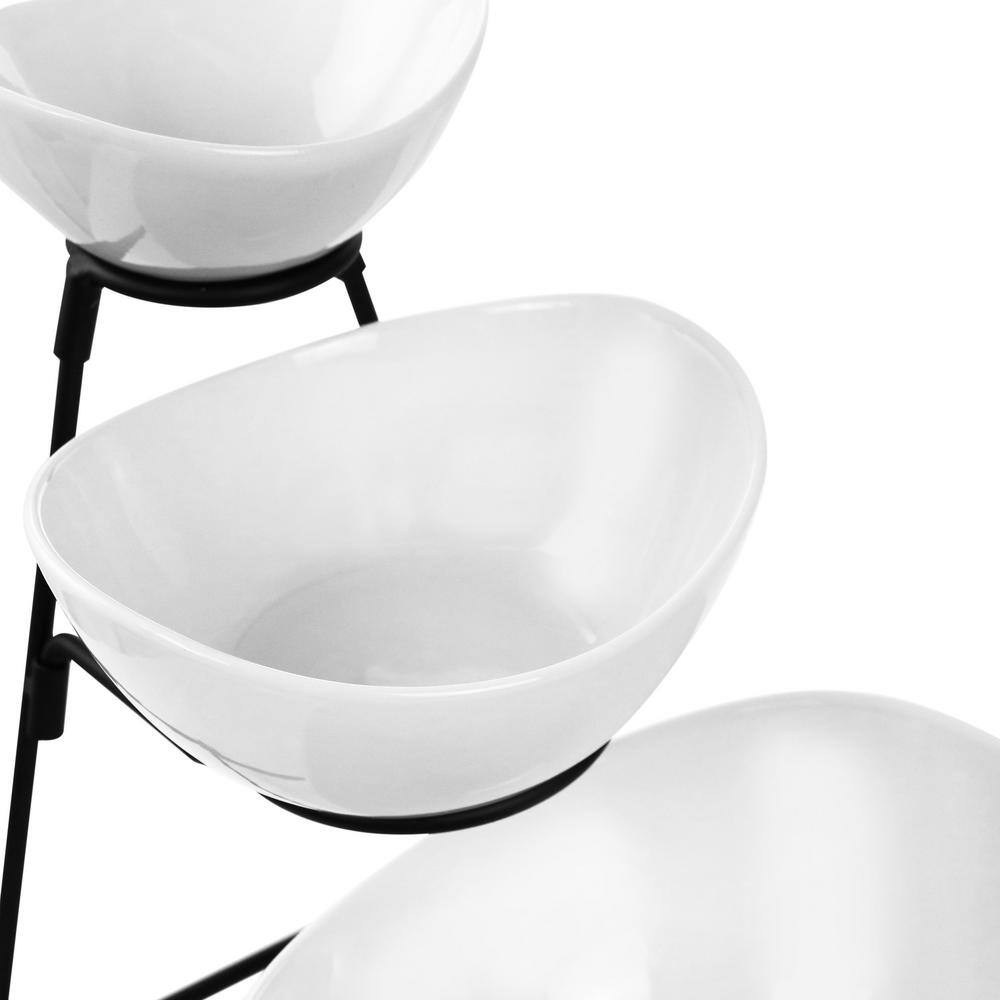 White Ceramic 3-Tier Oval Serving Bowl Set with Metal Stand