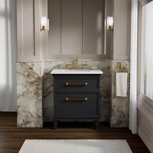 Artifacts 30 in. Freestanding Slate Grey Bath Vanity with White Eternal Statuario Quartz Top and Brass Hardware