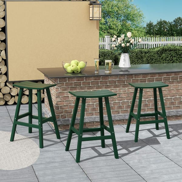 Franklin Dark Green 29 in. Poly HDPE Fade Resistant Outdoor Patio Saddle Seat Pub Height Bar Stool (Set of 3)
