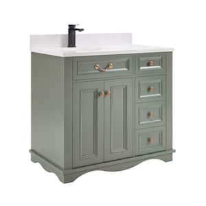 French Contemporary 36in. 1 freestanding Pewter Green Bath Vanity with white artificial stone Top assembled bath vanity