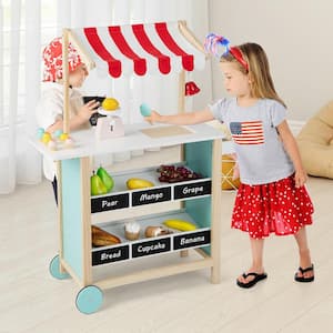Kids Ice Cream Cart Wooden Toddler Farmers Market Stand with Chalkboard and Storage