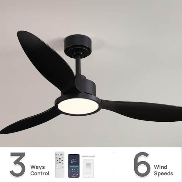 52 in. Smart Downrod Mount Dimmable Integrated LED Black 3 Blades Standard Ceiling Fan with Light Kit and Remote Control