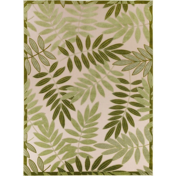 Nourison Aloha Ivory Green 9 ft. x 12 ft. Floral Contemporary Indoor/Outdoor Area Rug