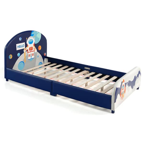 Costway Blue Kids Upholstered Platform Bed Children Twin Size Wooden Bed Astronaut Pattern