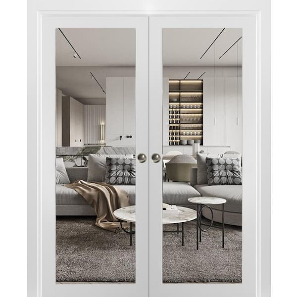 72 in. x 96 in. 1-Panel White Finished Pine Wood Sliding Door with Double Pocket Hardware