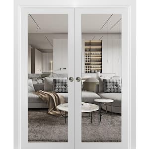 60 in. x 96 in. 1-Panel White Finished Pine Wood Sliding Door with Double Pocket Hardware