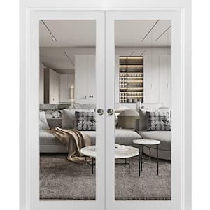 84 in. x 96 in. 1 Panel White Finished Pine Wood Sliding Door with Double Pocket Hardware