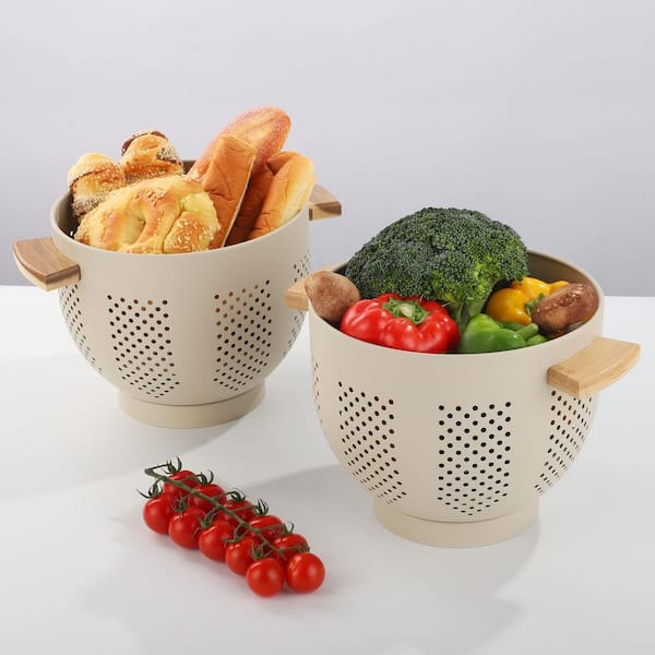 5.5 qt. Yellow Metal Colander with Wood Handle and Stable Base, Kitchen Strainer Basket for Draining Pasta, Vegetable