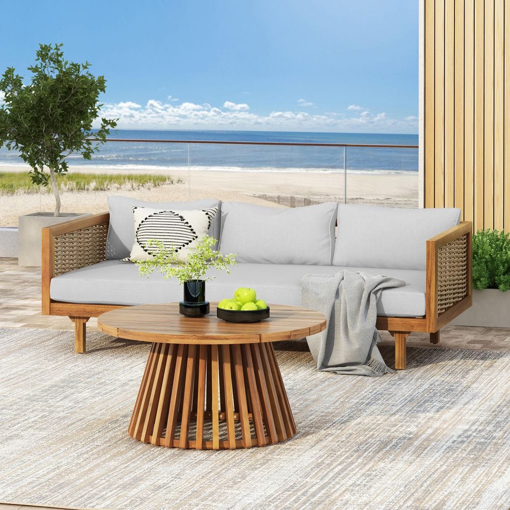 Riley Teak Finish 2-Piece Wood and Wicker Outdoor Patio Conversation Set with Light Gray Cushions, Rattan Armrests