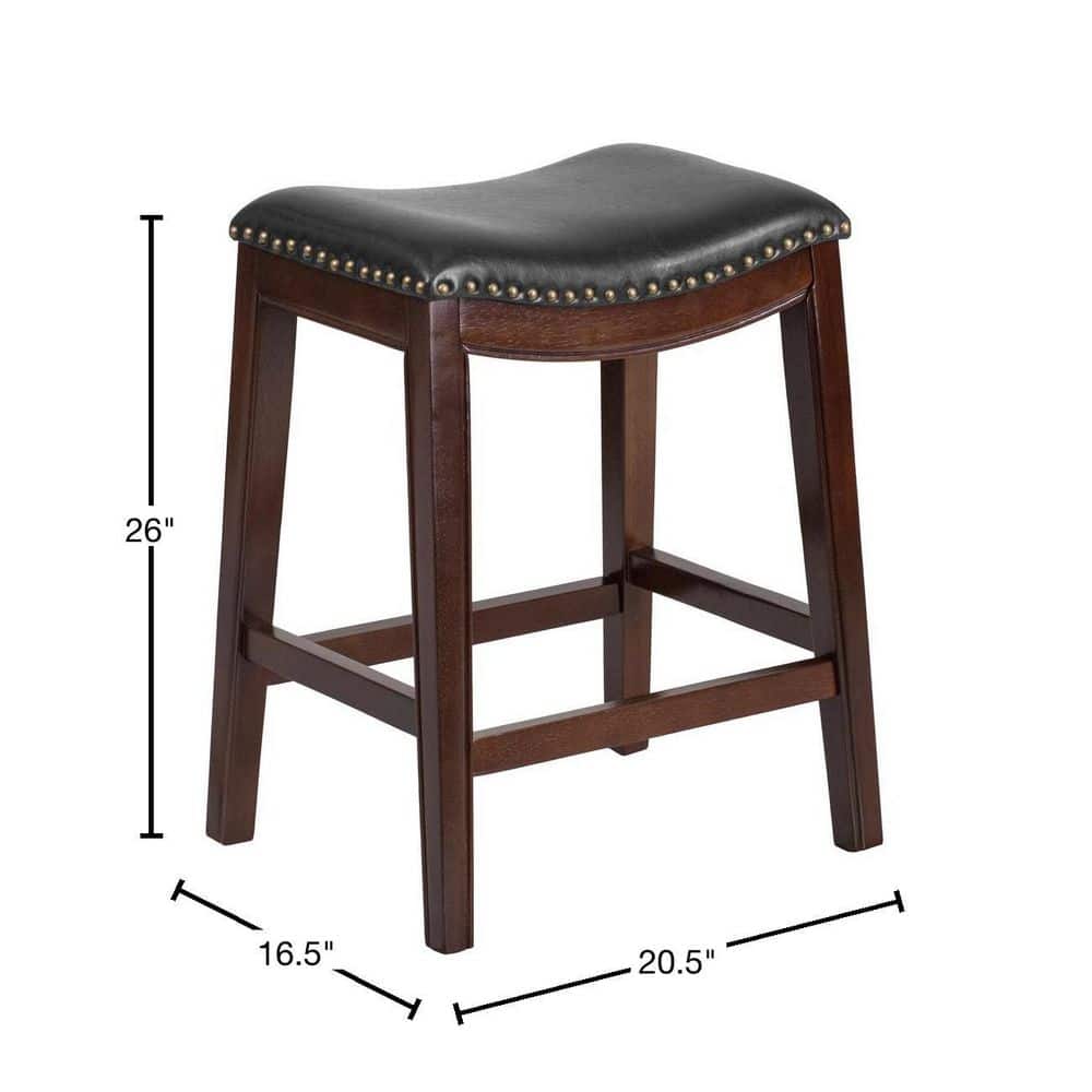 Elegant Backless Black Leather and Cappuccino Wood Counter Stool