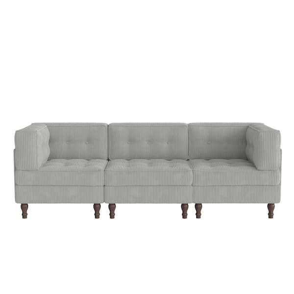 98 in. Square Arm 3-Piece Corduroy Rectangle Sectional Sofa in Light Gray