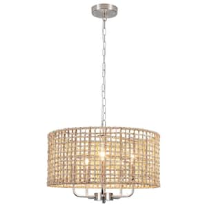 Nevarez 18.9 in. 5-Light Nickel Bohemian Pendant Natural Rattan Dimmable Chandelier with Hand Woven Drum Shade