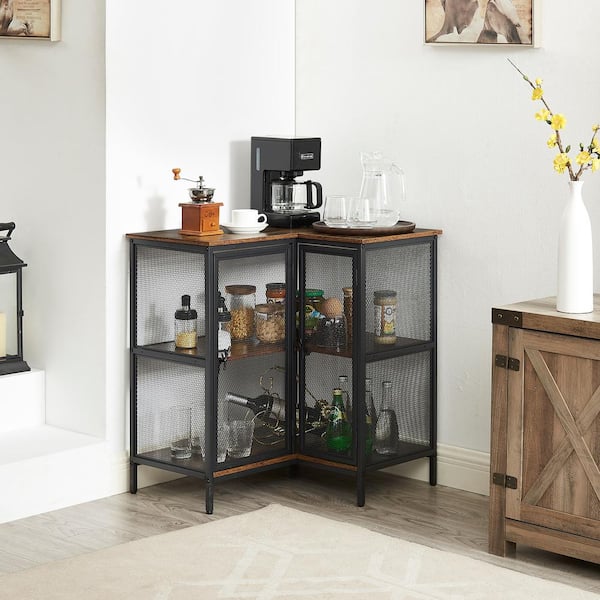 3-Tier Corner Storage Cabinet Brown 29.4 in. Accent Cabinet Office Storage Cabinet with 4-Shelves and Metal Mesh Doors