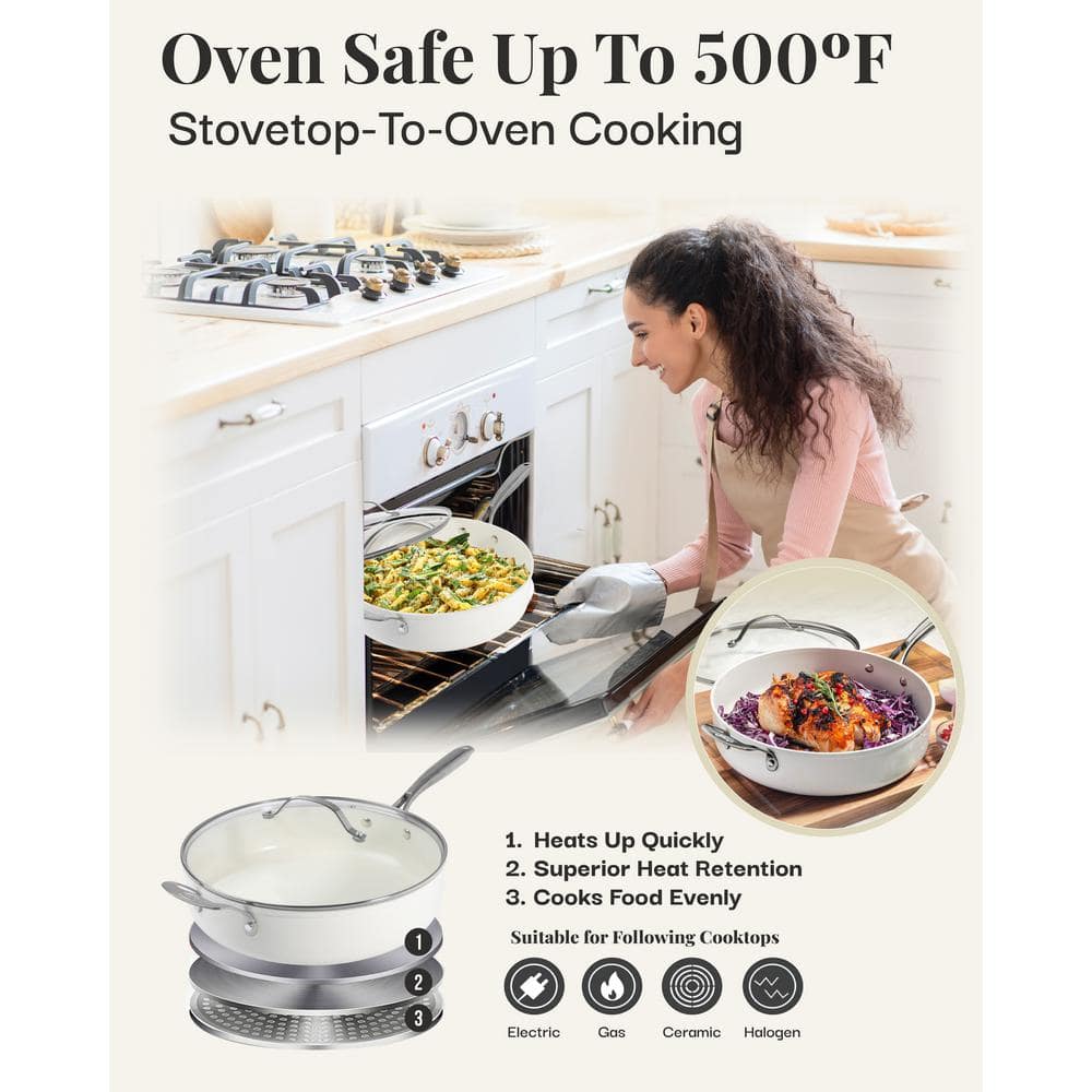 Cream Ultra Nonstick Aluminum 5.5 Qt Jumbo Cooker Pan with Lid