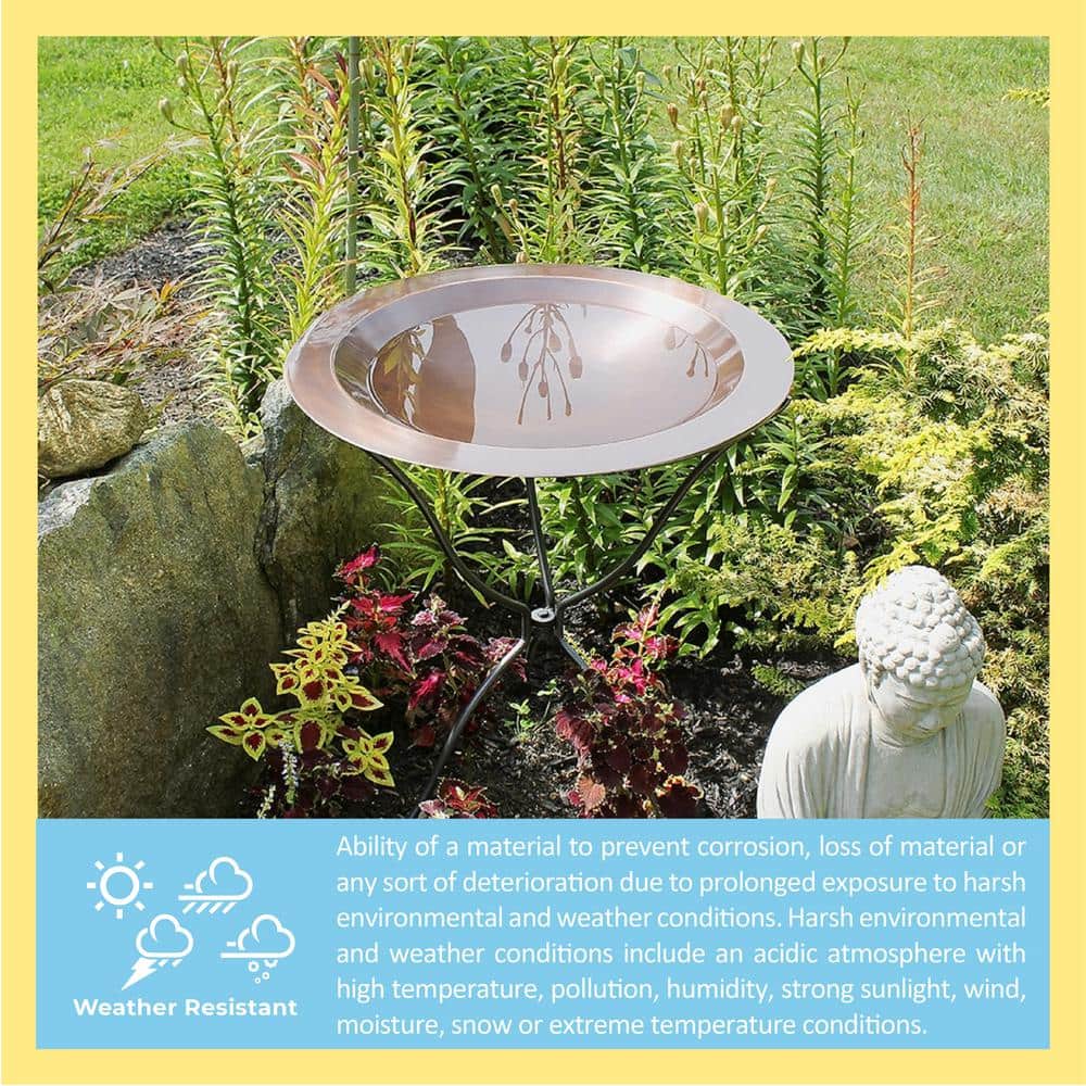 Large Antique Copper Metal Birdbath Bowl with Stand