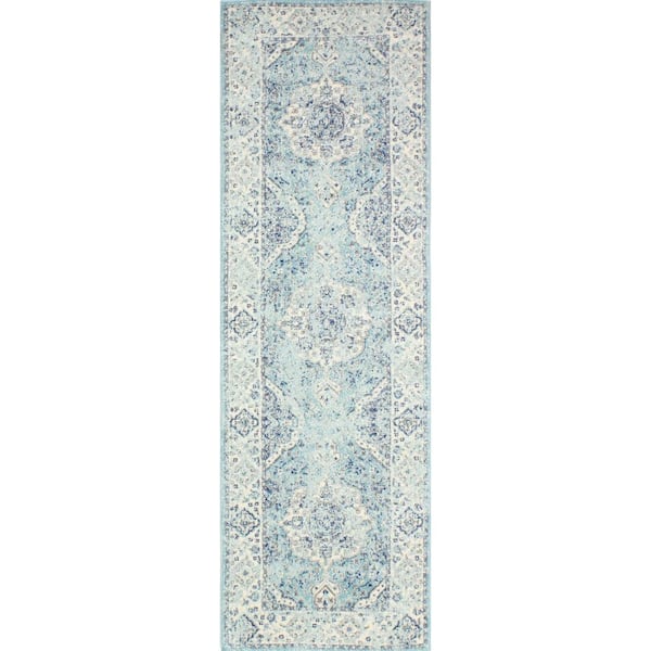 Everek Aqua 3 ft. x 8 ft. (2'6" x 8') Floral Transitional Runner