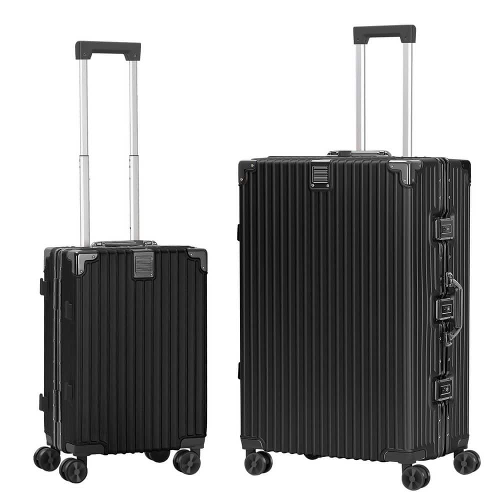 HIKOLAYAE 2 Piece Black ABS Aluminum Frame Hardside Spinner