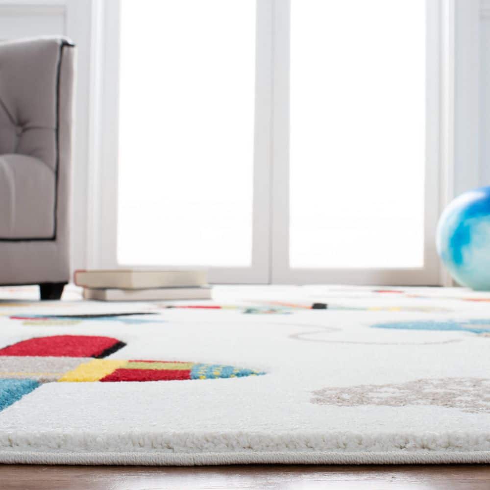 Ivory and Blue Airplane Kids Rectangular Rug, 4' x 6'